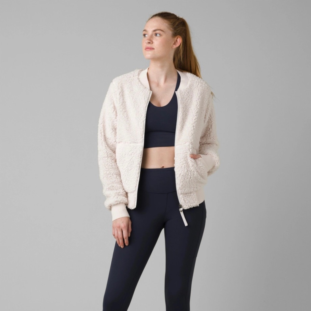 Prana White Polar Fleece Bomber Jacket Teddy Sherpa Cozy Full Zip Medium REI